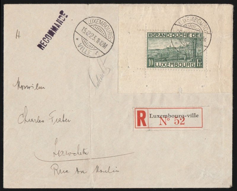 LUXEMBOURG 1923 Registered cover franked 10Fr Miniature Sheet cat £3250+. 