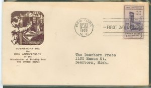 US 857 1939 3c Printing Tercentennial (single) on an addressed (typed) FDC with a Detroit Ludwig cachet