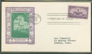 US 838 1938 3c Iowa territory centennial (single) on an addressed (typed) fdc with a Grandy cachet.