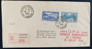 1950 La Vieille Andorra First Day Cover To Brooklyn NY USA Universal Postal Unio