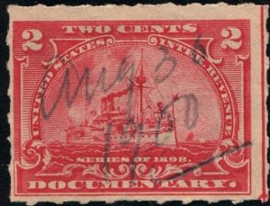 R164p 2¢ Battleship Documentary Stamp: Hyphen Hole  Perf 7 (1898) Used