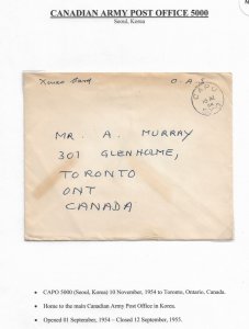 Korean War: Canadian APO 5000, Postal HQ, Seoul to Toronto, Ontario 1954 (M5882)