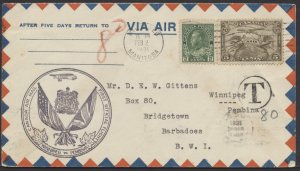 1931 Flight Cover Winnipeg MAN to Pembina ND Onward to Barbados Postage Due