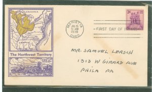 US 837 1938 3c Northwest Territory Sesquicentennial on an addressed first day cover with a Staehle cachet.