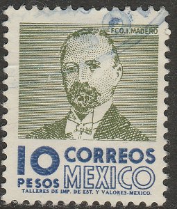 MEXICO 1101, $10 1950 Defin 9th Issue Unwmkd Fosfo Glazed. USED. F-VF. (1453)