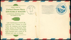 10/2/33 USS Macon, CHESTER PA Cancel, 5¢ Airmail PSE, Brookhaven Cover Exchange!