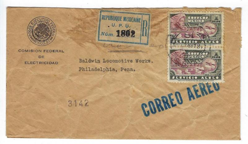 1942 Mexico To USA Registered Airmail Cover With Airmail Stamp Pair (NN80)