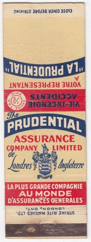 Canada Revenue 1/5¢ Excise Tax Matchbook THE PRUDENTIAL ASSURANCE CO. LTD.