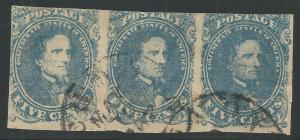 CSA Scott #4 Stone 3 Pos 1-3 Used Strip of 3 Confederate Stamps Leaking N