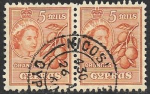 CYPRUS 1955 QE2 5m ORANGES Pictorial Pair Sc 170 VFU NICOSIA Postmark