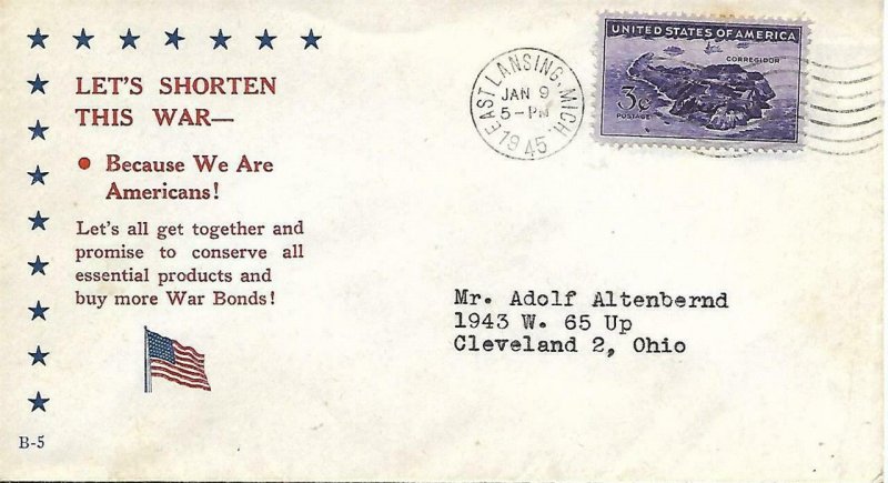 WW Two Patriotic Cover Let's Shorten this War PM East Lansing MI 9 Jan 1945