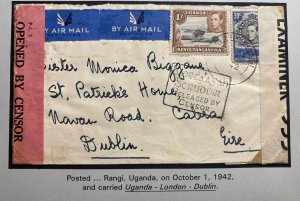 1942 Rangi Uganda British KUT Dual Censored Airmail Cover to Dublin Ireland