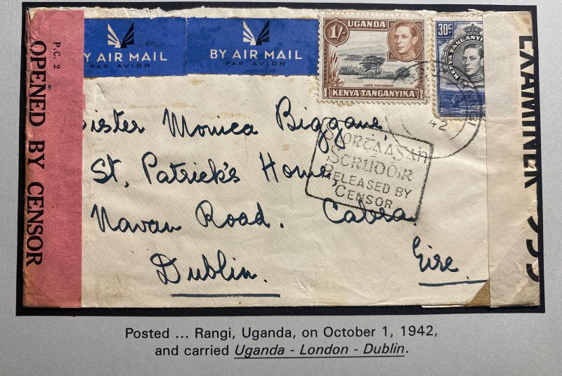 1942 Rangi Uganda British KUT Dual Censored Airmail Cover to Dublin Ireland 