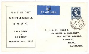 GB QEII Air Mail Cover BOAC BRITANNIA FIRST FLIGHT Australia Sydney 1957 MA676