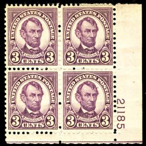 US #635 SCV $35 3c Lincoln, SUPERB mint never hinged, PLATE BLOCK, SUPER NICE!