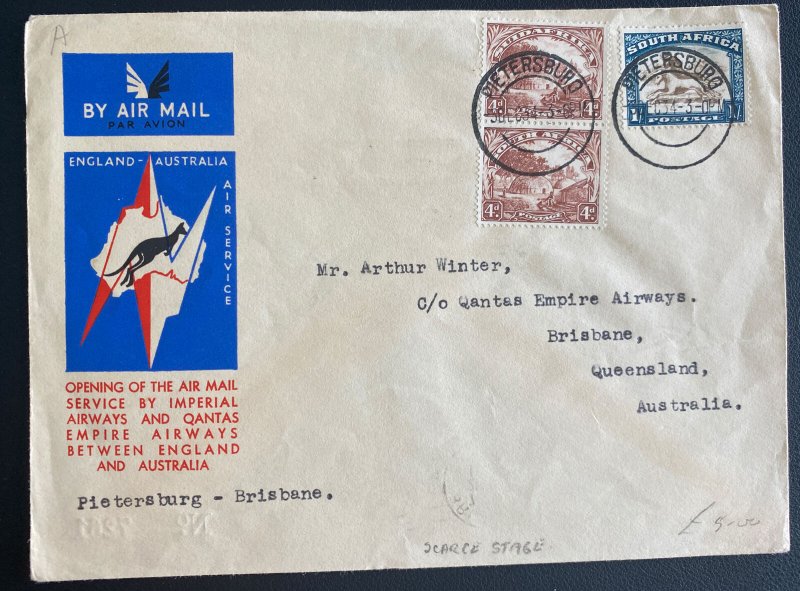 1934 Pietersburg South Africa Flight Flight Airmail Cover to Brisbane Australia