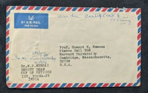 1971 Iat Poona India University Airmail Cover to Cambridge MA USA