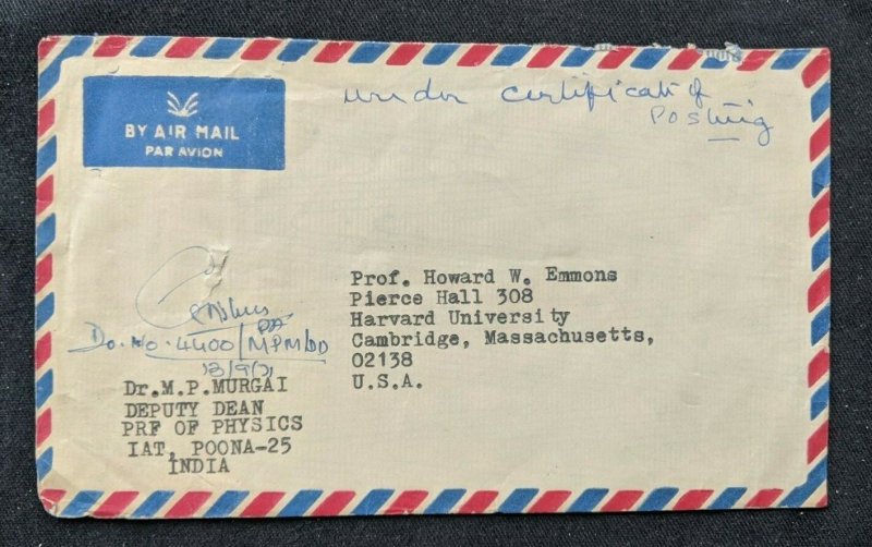 1971 Iat Poona India University Airmail Cover to Cambridge MA USA