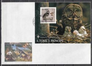 St.Thomas, Scott cat. 1507. Owl s/sheet & Scout Baden Powell. First day cover. ^