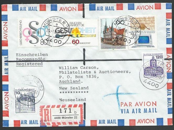 GERMANY 1985 Registered airmail cover to New Zealand - nice franking.......11255