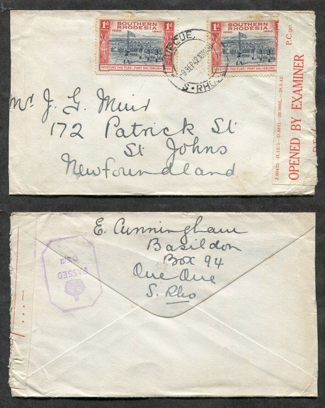 p433 - SOUTHERN RHODESIA 1942 CENSORED Cover to NEWFOUNDLAND