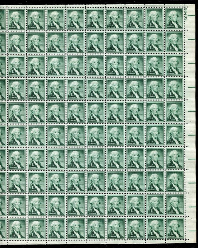 1031 George Washington Sheet of 100 1¢ Stamps MNH P# 26409 Dry