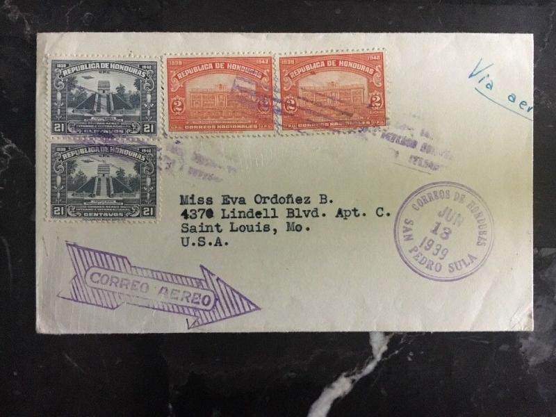 1939 San Pedro Sula Honduras Airmail Cover To St Louis Mo Usa