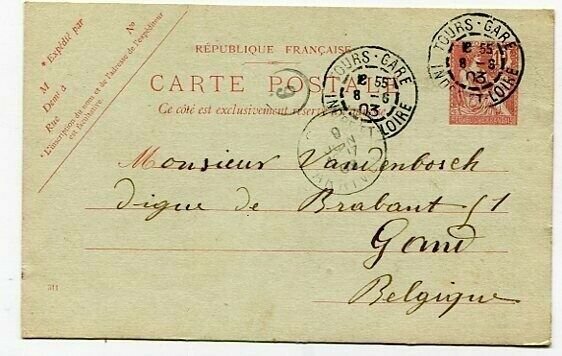 D16601 France Tours-Gare  1903 Postal Stationery Gand Belgium