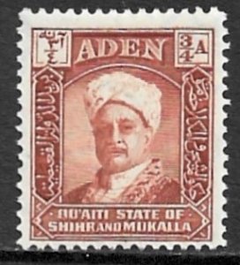 ADEN QUAITI STATE OF SHIHR AND MUKALLA 1942 3/4a Sultan Portrait Issue Sc 2 MH