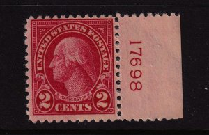 1923 Washington 2c carmine Sc 554 MNH right plate number single CV $15 (R12