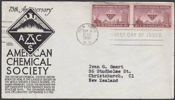 USA 1951 CHEMICAL SOCIETY - C Stephen Anderson FDC to New Zealand...........M481