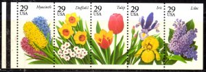 US Stamp #2764a MNH Great Garden Flowers UNFOLDED/UNBOUND Pane of 5 w/ Plate #1