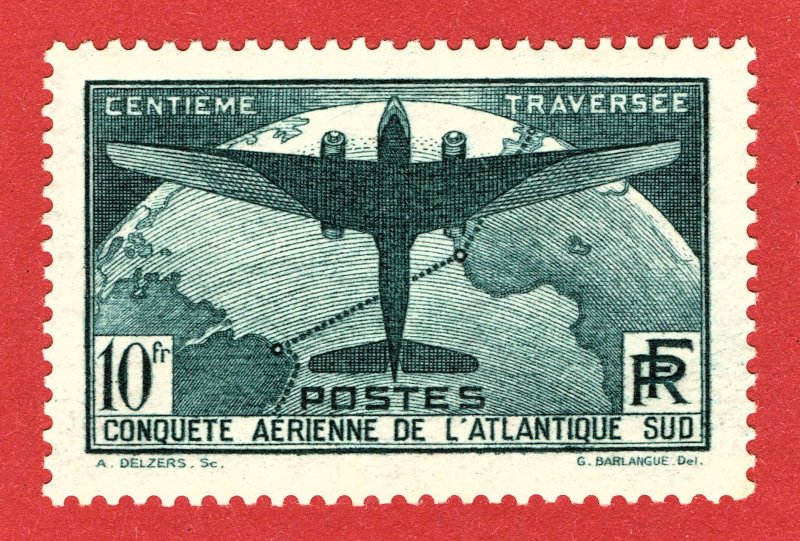 [sto517] FRANCE 1936 Scott#C17 MLH Plane & Globe 100th South Atlantic Flight