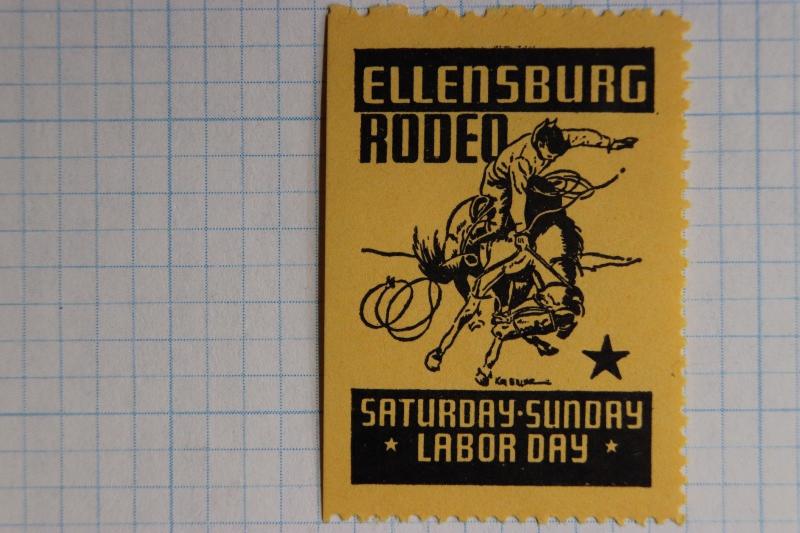 Ellensburg WA Rodeo Bucking Bronco Bull rider Cowboy show Poster stamp ad 1930s