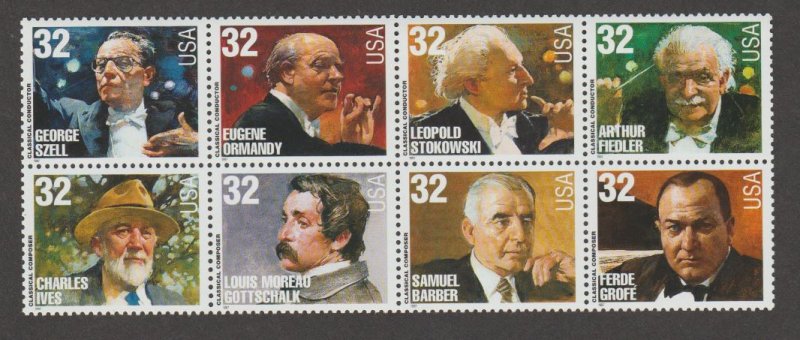 U.S. Scott #3158-3165 Classical Composer & Conductor Stamps - Mint NH Block of 8