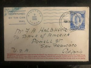 1935 Niuafoou Tonga Toga Tin Can Canoe Mail Cover to Bank Of A San Francisco USA