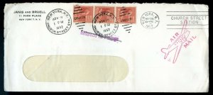 U.S. Scott 815 (3) Prexie On 1952 Air Mail Cover Returned for Postage