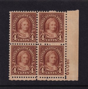 1927 Martha Washington 4c brown Sc 636 MNG unused plate block CV $65 as MH (39