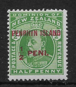 PENRHYN ISLAND SG19a 1914 ½d YELLOW-GREEN NO STOP AFTER ISLAND VAR MNH