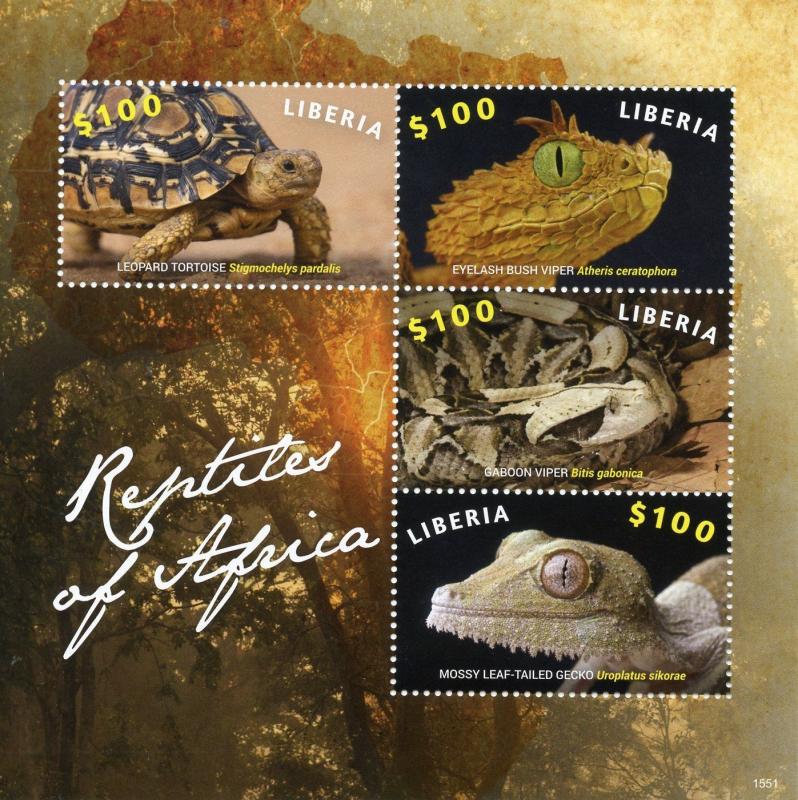 Liberia 2015 MNH Reptiles of Africa 4v M/S Turtles Snakes Vipers Geckos Stamps