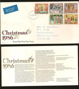 Great Britain SC#1163-1167 Christmas 1986 with Insert First Day Cover