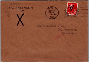 1941 Oslo Norway V victory Stamp Opened by Censor Cover to Coppenhagen Denmark