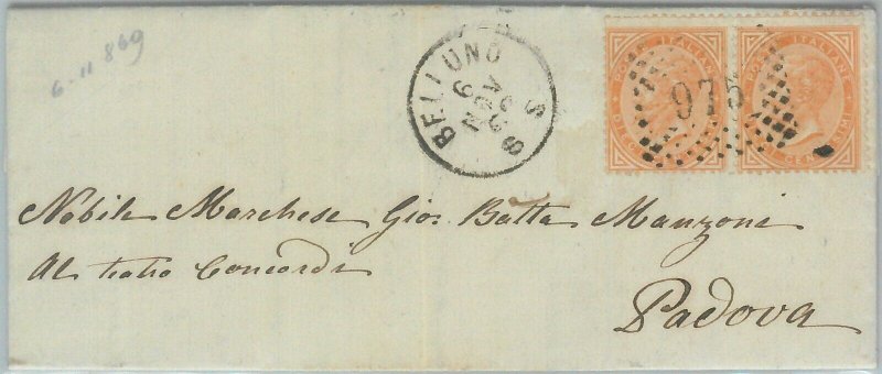 80454 - REGNO - storia postale - BUSTA annullo numerale PUNTINI 975 Belluno 1869