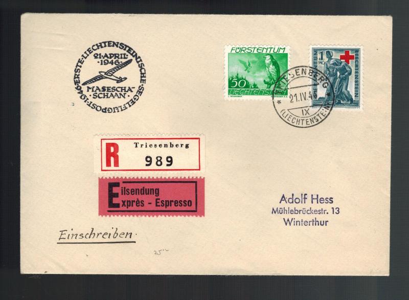 1946 Triesenberg Lichtenstein Glider Airmail cover to Winterthur