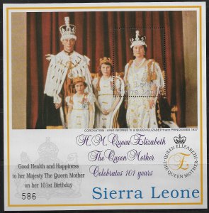 2001 Sierra Leone 2513 Queen Mother 101st Birthday MNH S/S