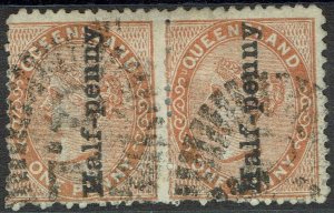 QUEENSLAND 1880 QV HALF-PENNY ON 1D PAIR VARIETY QOEENSLAND USED