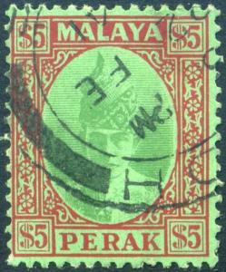 Malaya Perak 1941 $5 Green & Red on Emerald SG121 FU