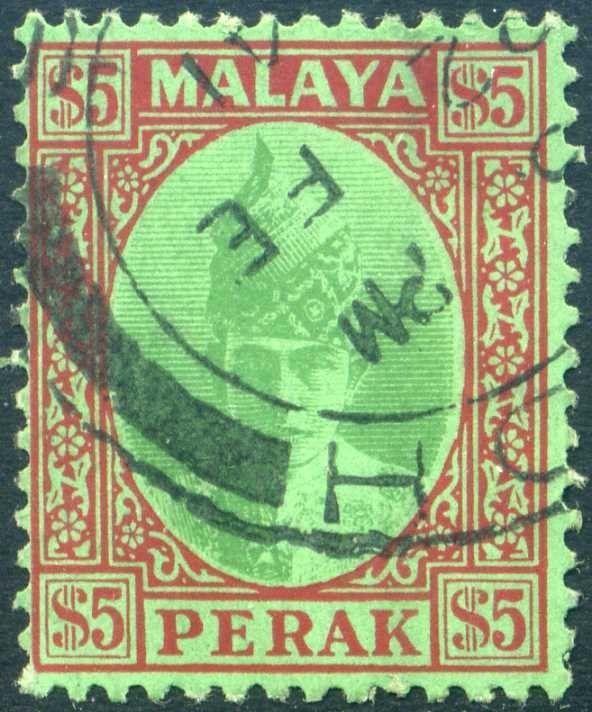 Malaya Perak 1941 $5 Green & Red on Emerald SG121 FU