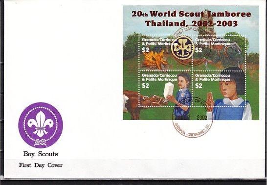 Grenada, Gr., Scott cat. 2402. Scout Jamboree sheet of 4 on a First day cover.