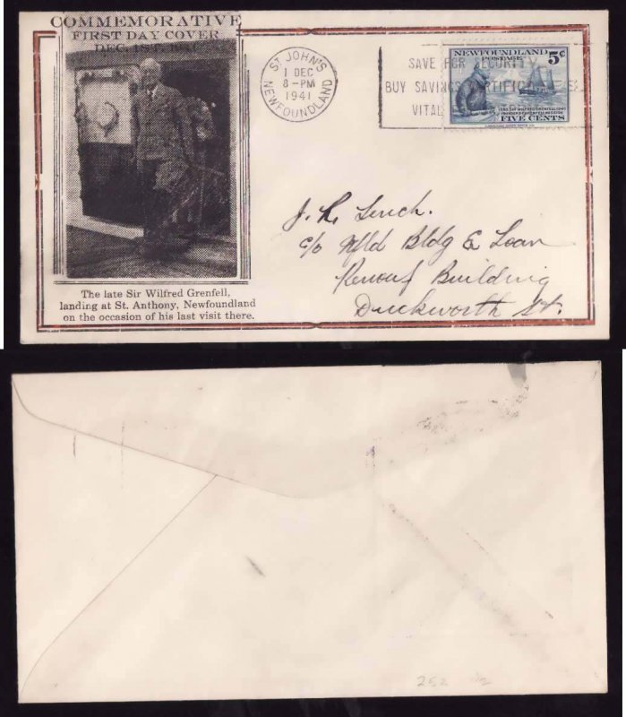 Newfoundland-FDC-cover-Sc#252- id62-St John's-De 1 1941-Wilfred Grenfell...